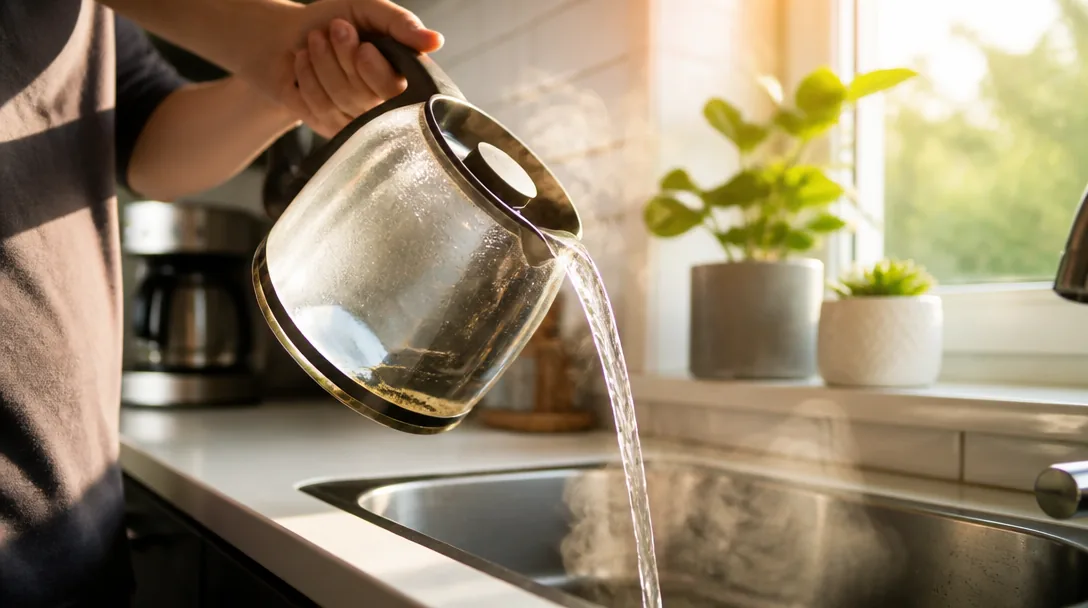 Kaffebryggarkanna med ångande avkalkningslösning hälls ut – kök i naturligt morgonljus