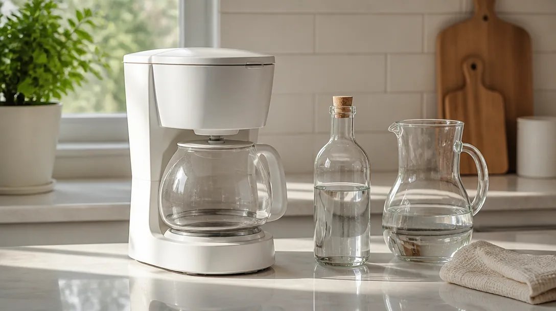 Vit kaffebryggare på köksbänk med ättika och vattenkanna i morgonsol