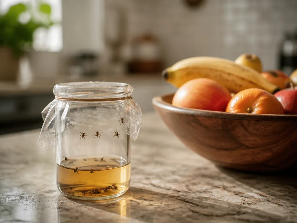 Hemmagjord bananflugefälla i en glasburk med vinäger och diskmedel på köksbänken bredvid en skål frukt