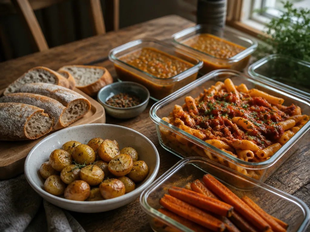 Budgetvänlig menyplanering – pasta, linssoppa, potatis och morötter på ett träbord i naturligt ljus