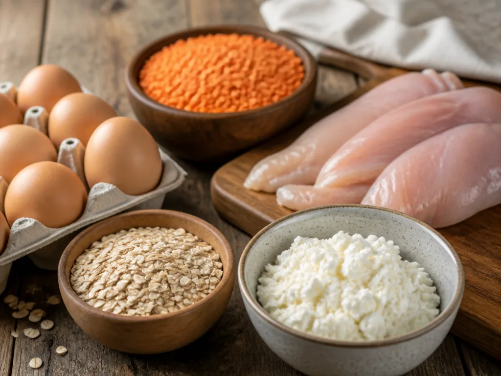 Billiga proteinrika råvaror som kycklingfilé, ägg, linser, keso och havregryn på ett köksbord