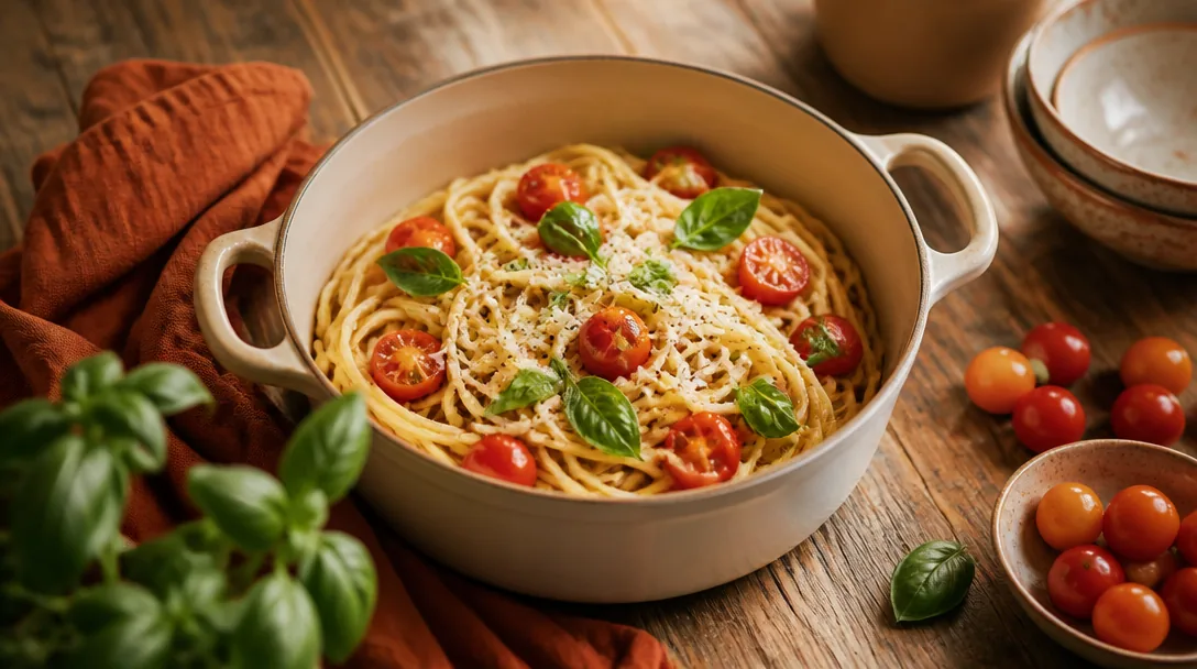 Pasta i en kastrull med tomater och basilika