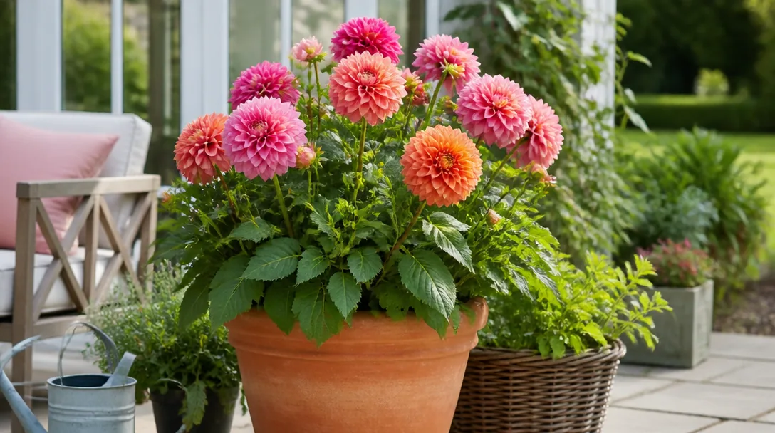 Dahlia i kruka med pampiga rosa blommor i varmt dagsljus på en sommaruteplatss