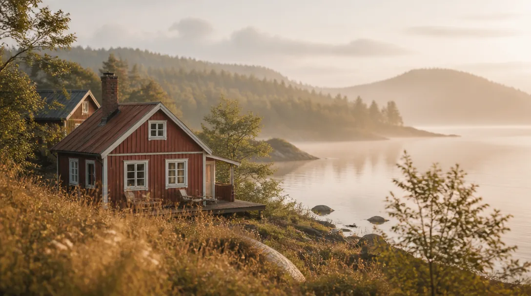 En liten röd stuga vid en spegelblank sjö i ett dimmigt svenskt landskap