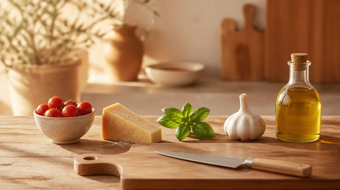 Fem enkla råvaror — tomater, parmesan, basilika, vitlök och olivolja — på en träbänk