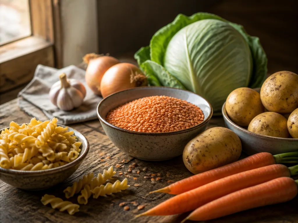 Budgetråvaror på träbord – linser, pasta, morötter, potatis och kål i naturligt ljus