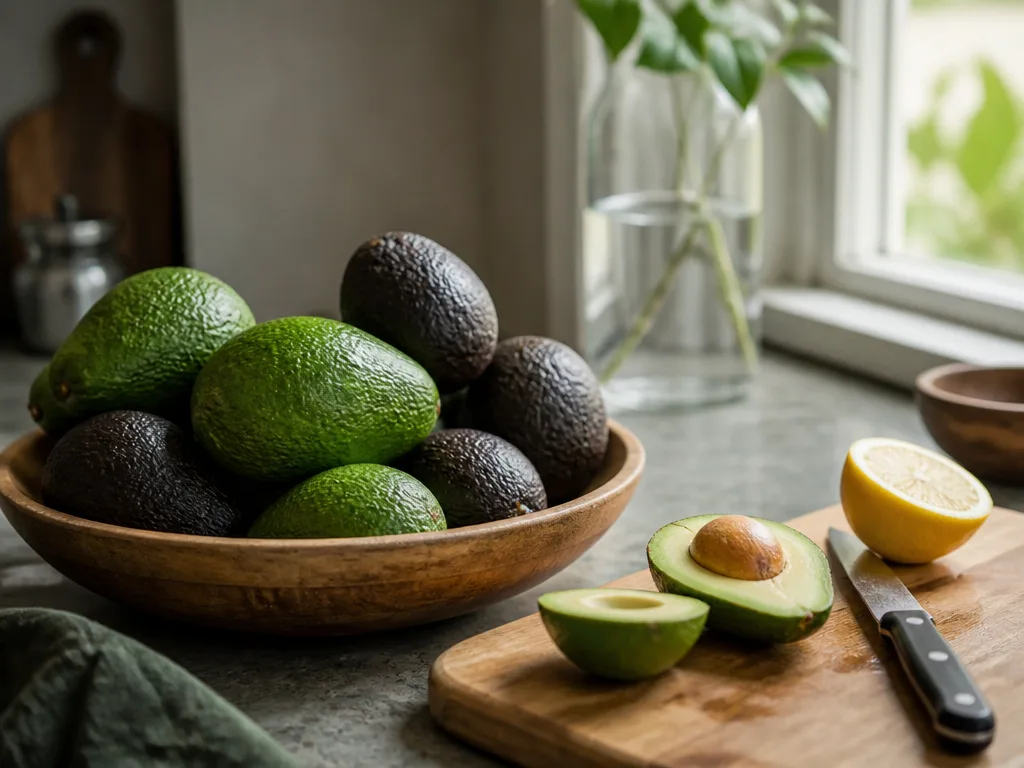 Mogna och omogna avokados i en skål på köksbänken bredvid en skuren avokado och en halv citron