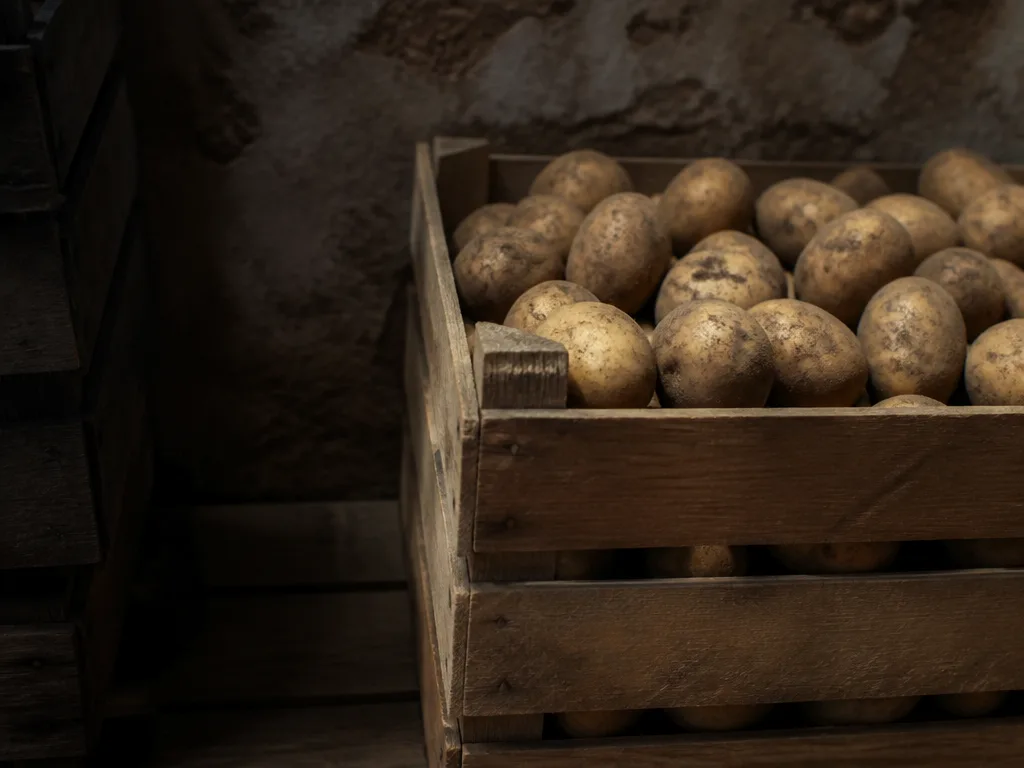 Potatis förvarad i en trälåda i en sval, mörk källare