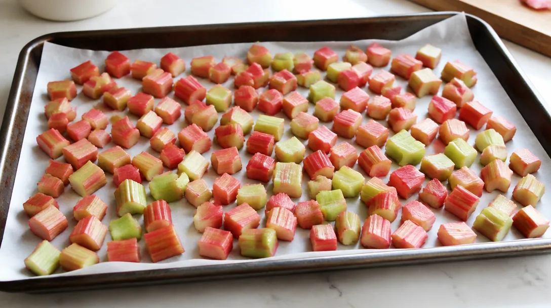 Rabarberbitarna i ett lager på en plåt med bakplåtspapper redo för styckfrysning