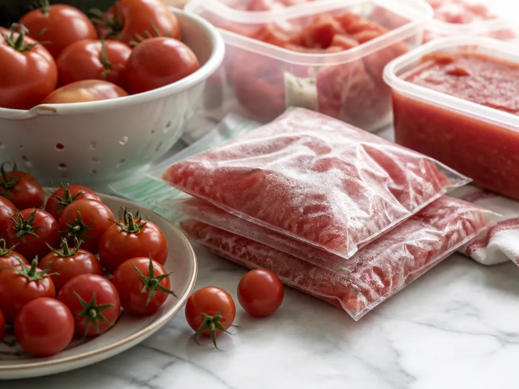 Färska tomater och portionsvis frysta tomater i frysbags på köksbänken