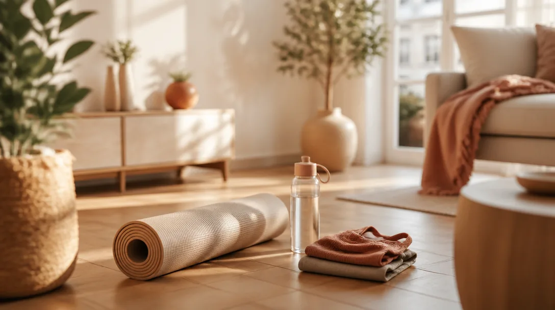 En ihoprullad yogamatta på ett trägolv bredvid en vattenflaska och vikta träningskläder i morgonljus
