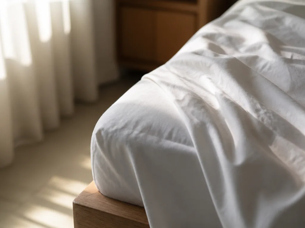 Vitt sängkläde och madrasskant i mjukt morgonljus i ett sovrum