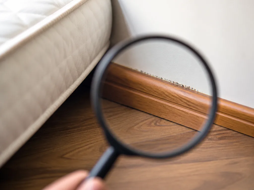 Förstoringsglas som granskar en golvlist och madrasskant i ett sovrum
