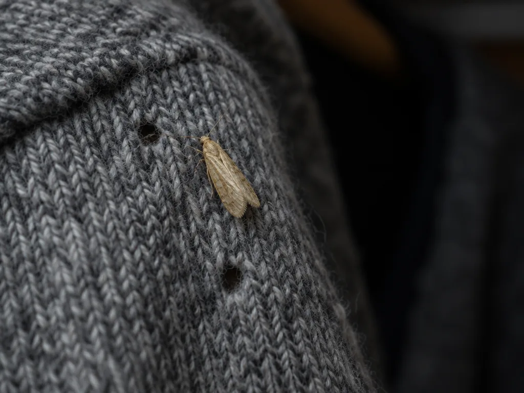 Liten guldbeige klädesmal som sitter på en grå stickad ylletröja med små hål