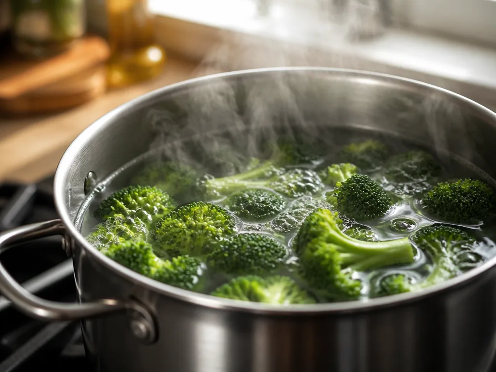 Färska broccolibuketter kokas i en kastrull med vatten på spisen, ånga stiger upp