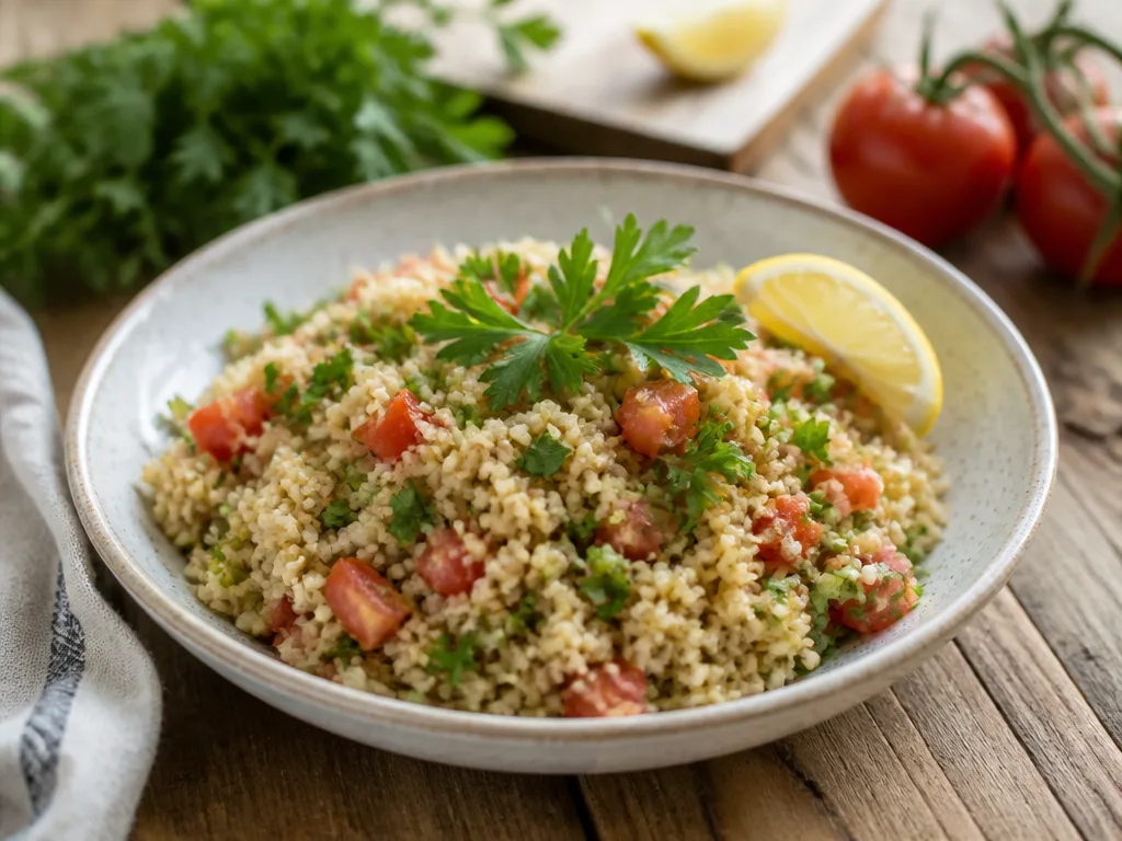 En skål med nykokt fluffig bulgur toppad med persilja, tomat och citron på ett träbord