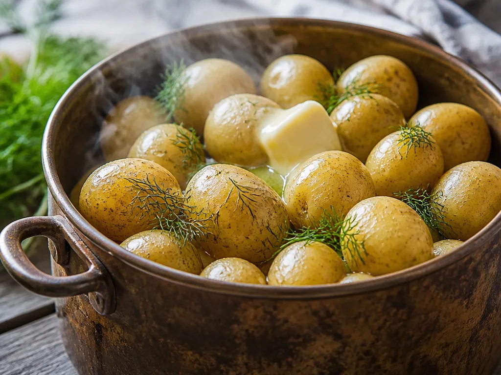 Nykokt färskpotatis med skal i en kastrull, ångande med färsk dill och en klick smör