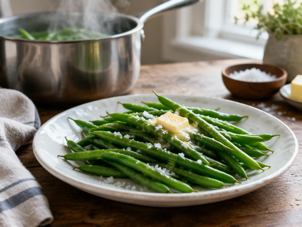 Nykokta haricots verts med smältande smör och flingsalt på en vit tallrik