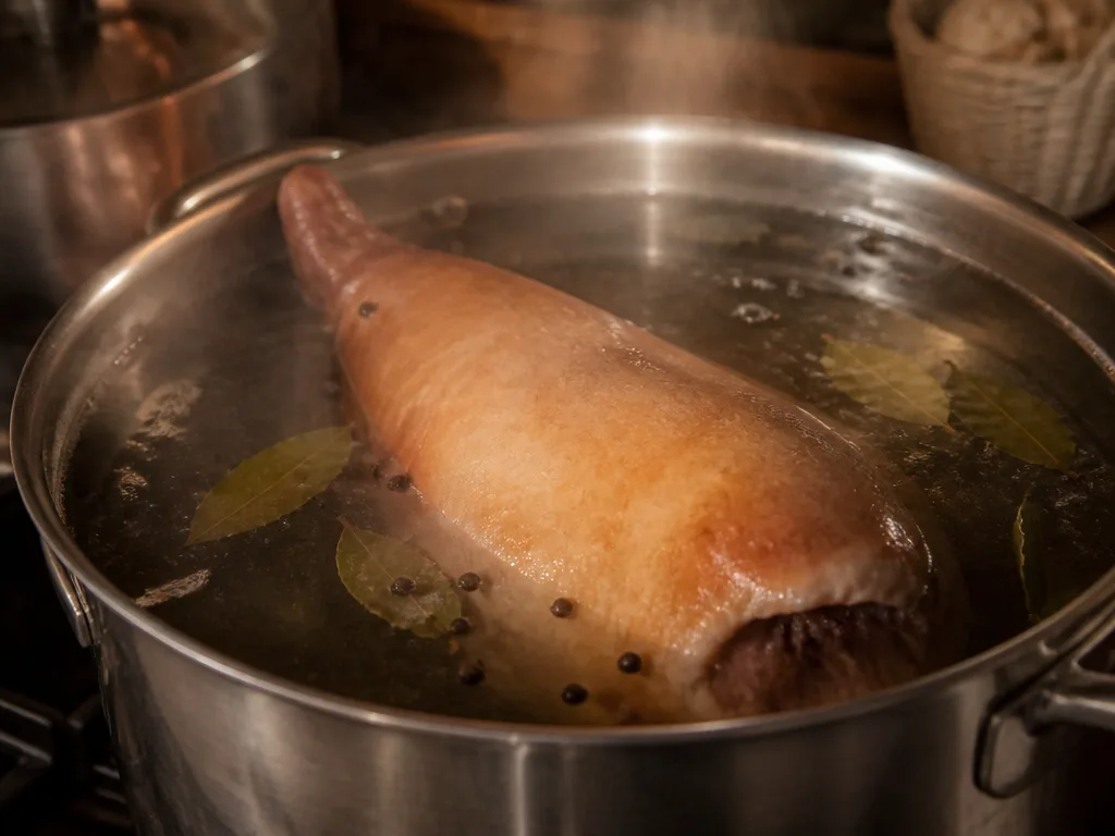 En rimmad julskinka kokas i en stor gryta med lagerblad och kryddpepparkorn i vattnet