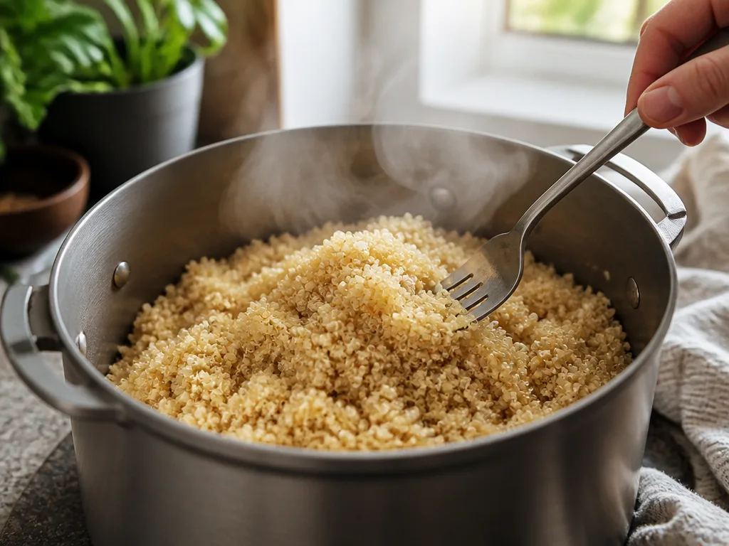 Fluffig kokt quinoa i en kastrull som fluffas upp med en gaffel