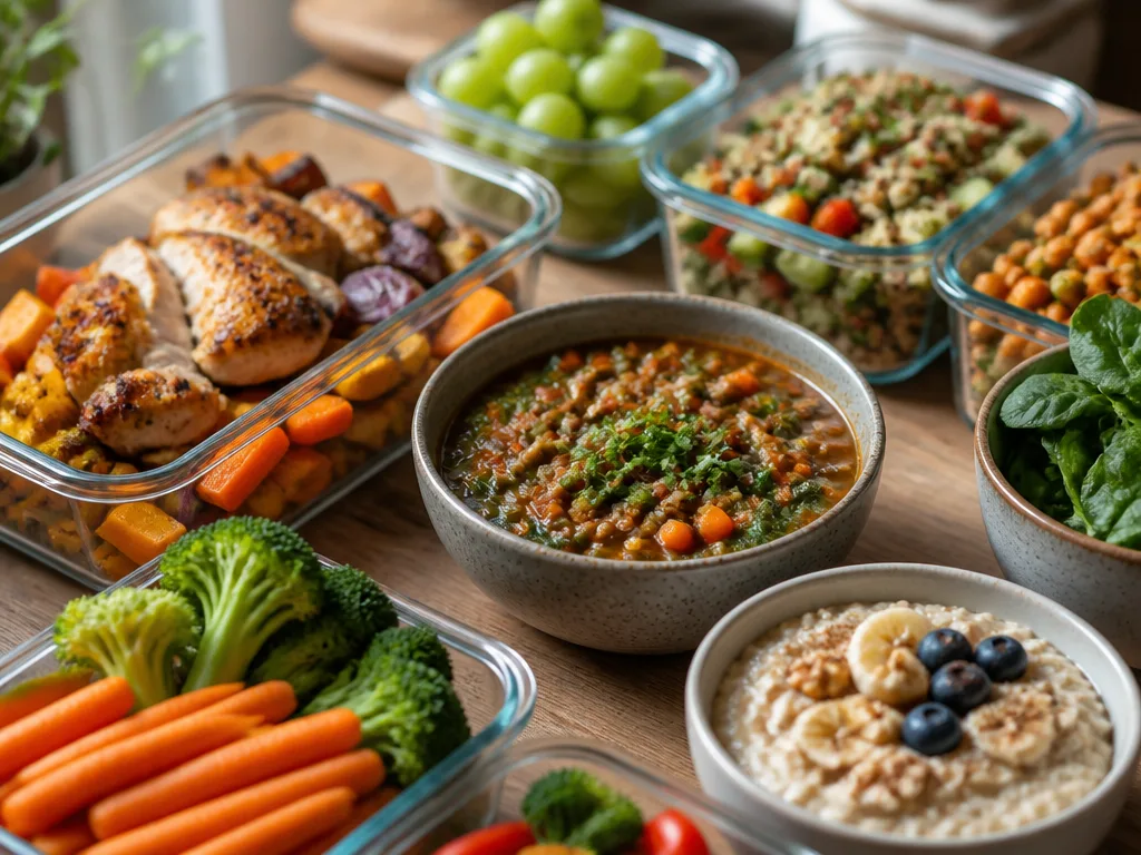 Nyttig och billig mat – linsgryta, ugnsbakad kyckling med rotfrukter och havregrynsgröt på ett träbord i naturligt ljus