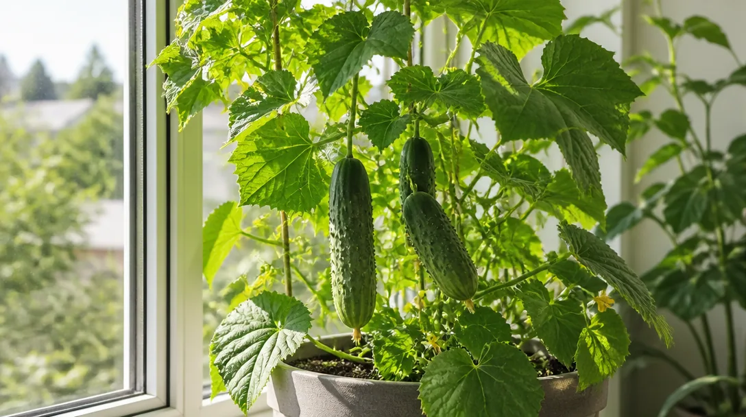 Gurkplanta med gröna rankor och gurkor i stor ljusfylld kruka vid soligt fönster