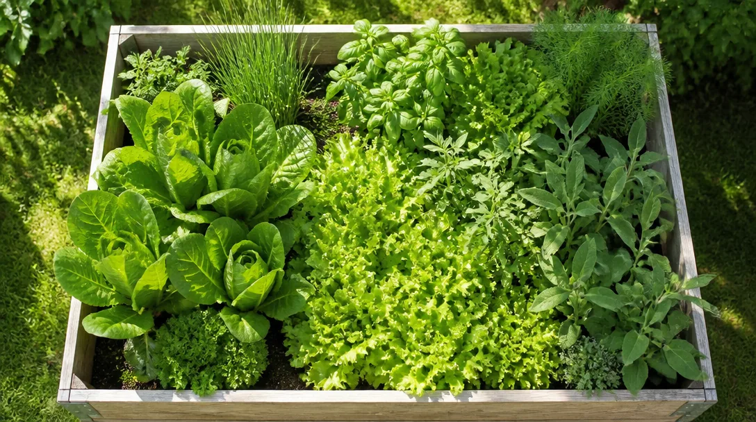 Pallkrage fylld med gröna grönsaker i sommarsol – sallat, rädisor och örter i trälåda