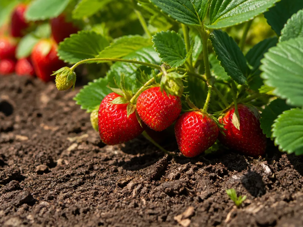 Mogna röda jordgubbar på gröna plantor i ett jordgubbsland en solig sommardag