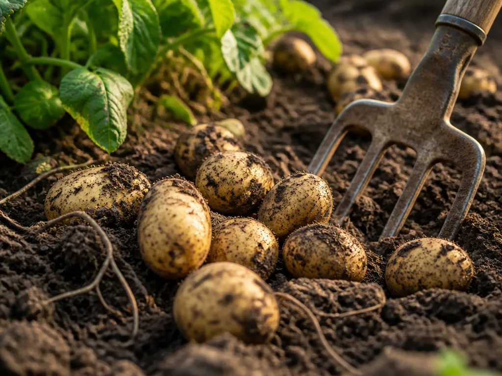Nyskördad potatis i mullrik jord med en grep i en trädgårdsland i solljus