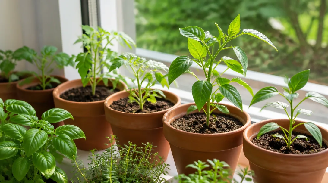 Tomatplantor och chiliplantor i terrakottakrukor på ljus fönsterbräda i tidigt odlingsstadium