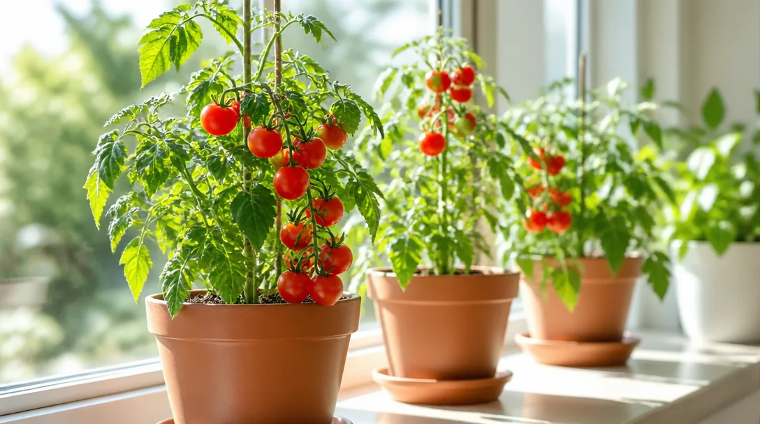 Tomatplantor med röda körsbärstomater i krukor på ljus fönsterbräda i solljus