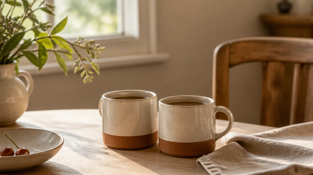 Två kaffekoppar på ett köksbord