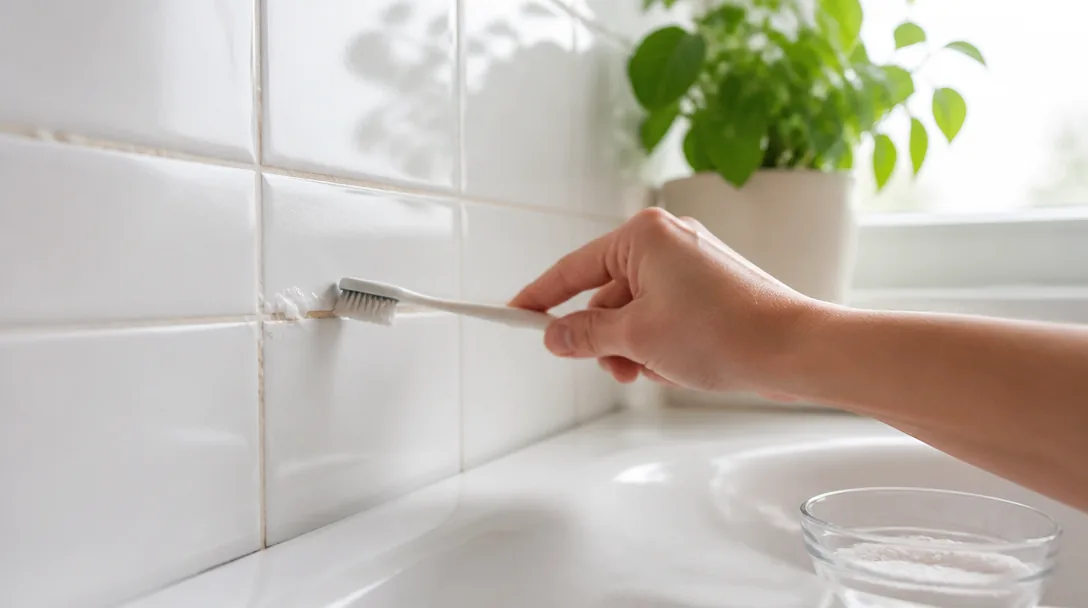 Rent badrum med vita kakelfogar som skrubbas med tandborste och bikarbonat