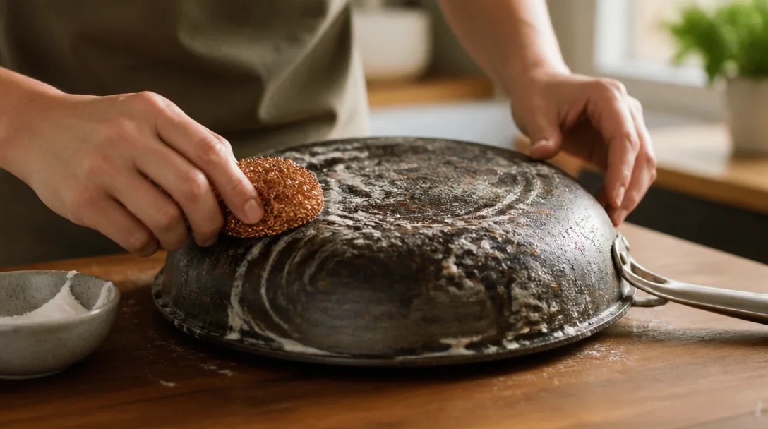 Upp-och-nedvänd stekpanna med bikarbonatpasta på förkolnad undersida – skrubbas på köksbänk