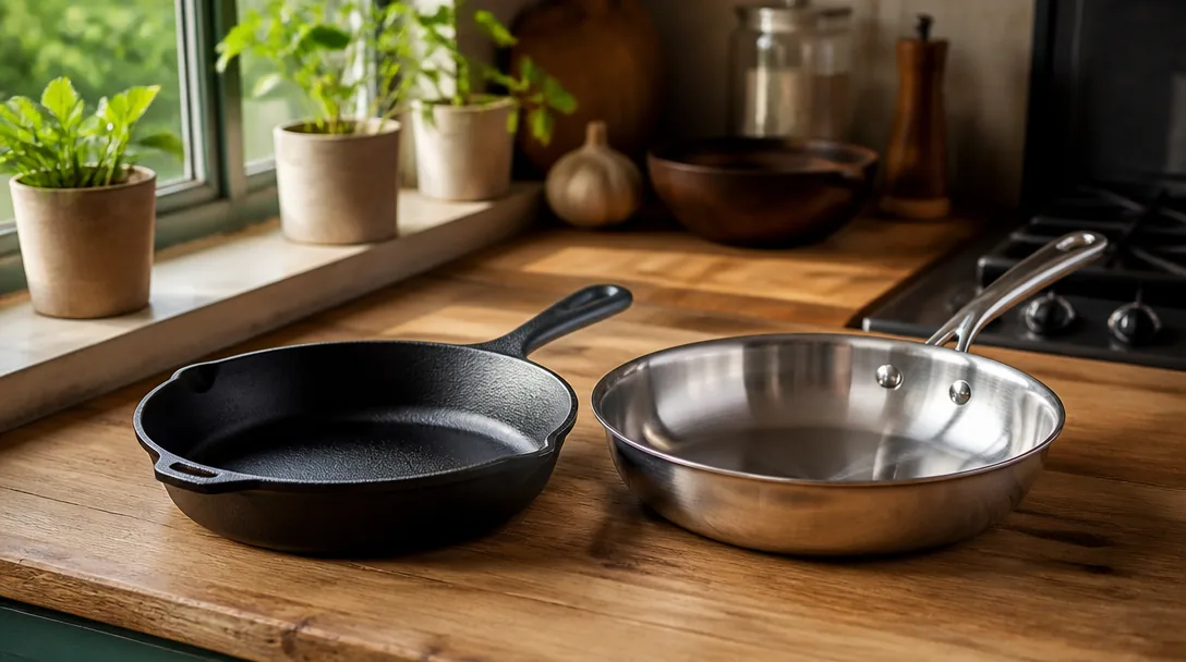 Gjutjärnspanna och rostfri kastrull på köksbänk i naturligt dagsljus
