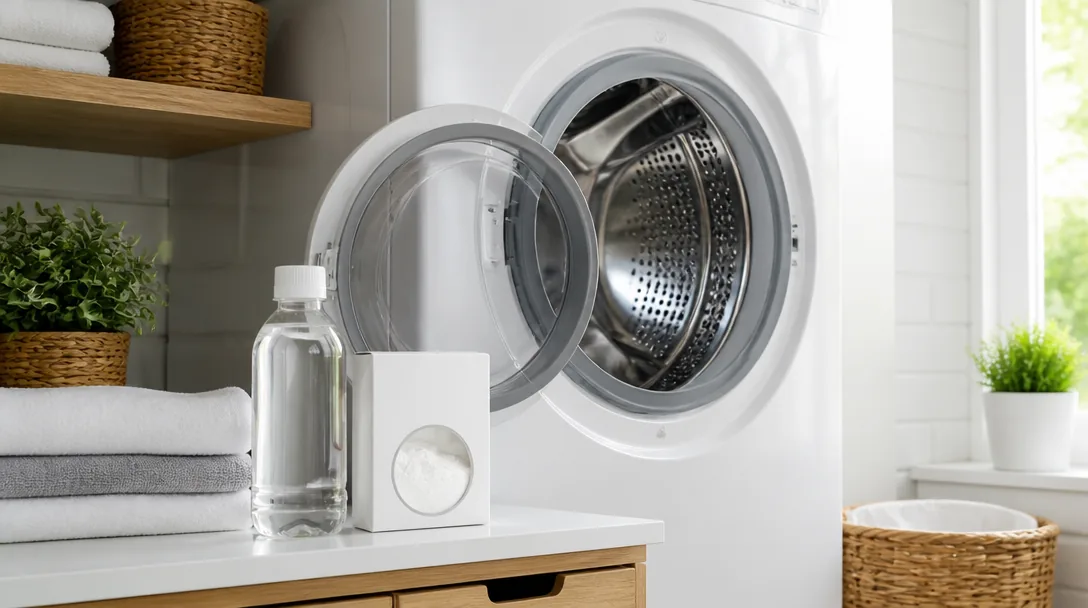Vit tvättmaskin med öppen trumma och rengöringsmedel på hyllan – guide för ren tvättmaskin