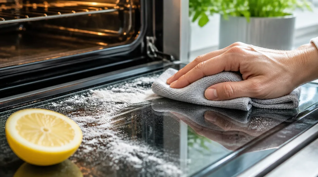 Skinande rent ugnsglas med citronhalva och bikarbonatrester på en trasa