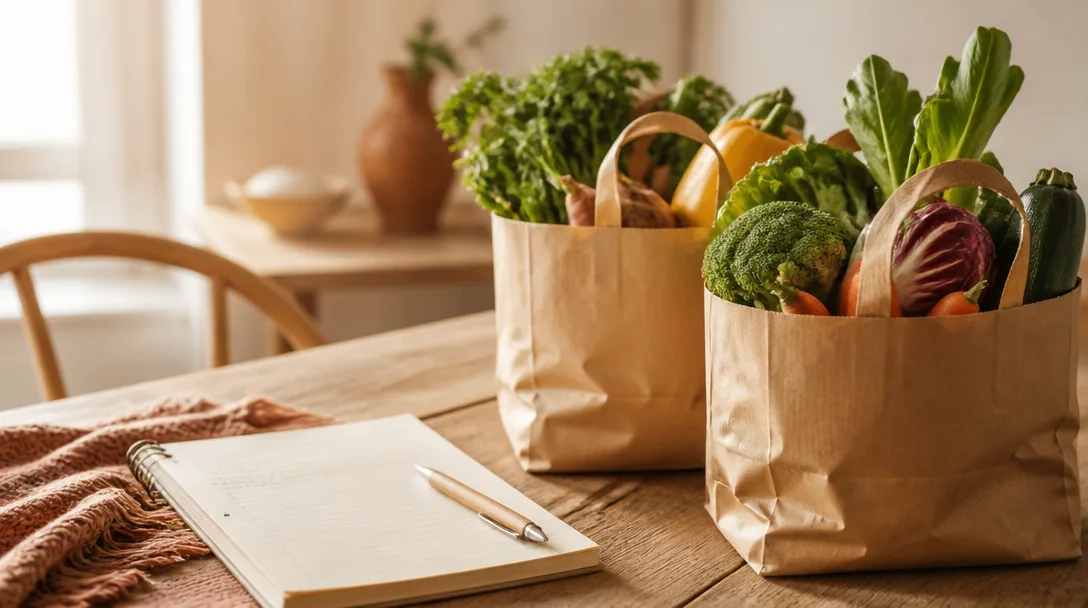 Shoppinglista på papper och kassar med grönsaker