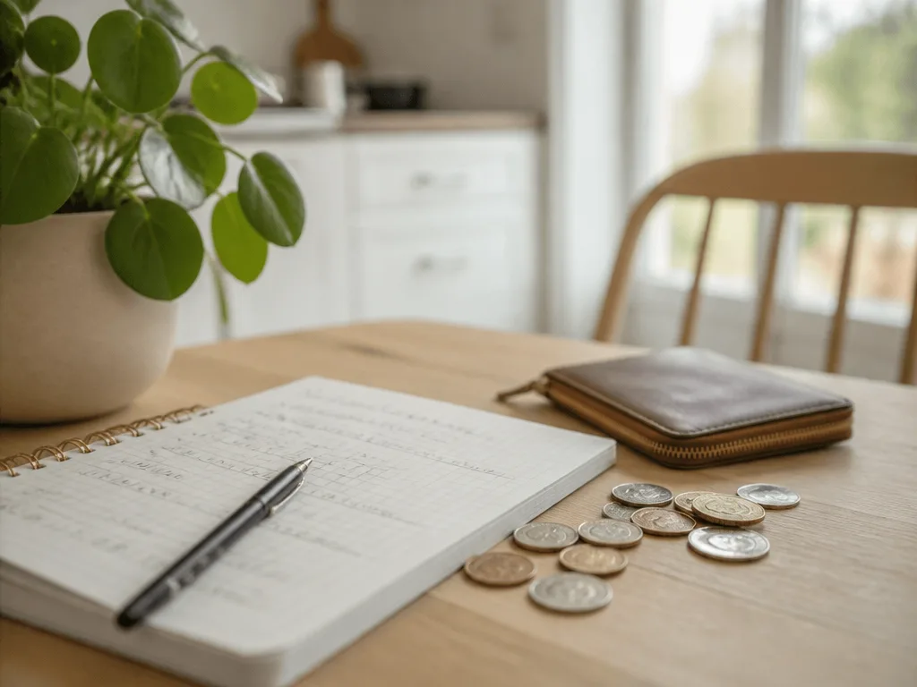 Mynt och plånbok bredvid ett anteckningsblock med budgetnoteringar på ett ljust skandinaviskt köksbord