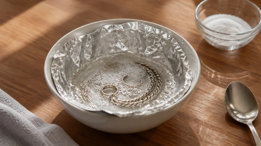 Aluminiumfolie i skål med bikarbonat och silversmycken – elektrochemisk rengöringsmetod