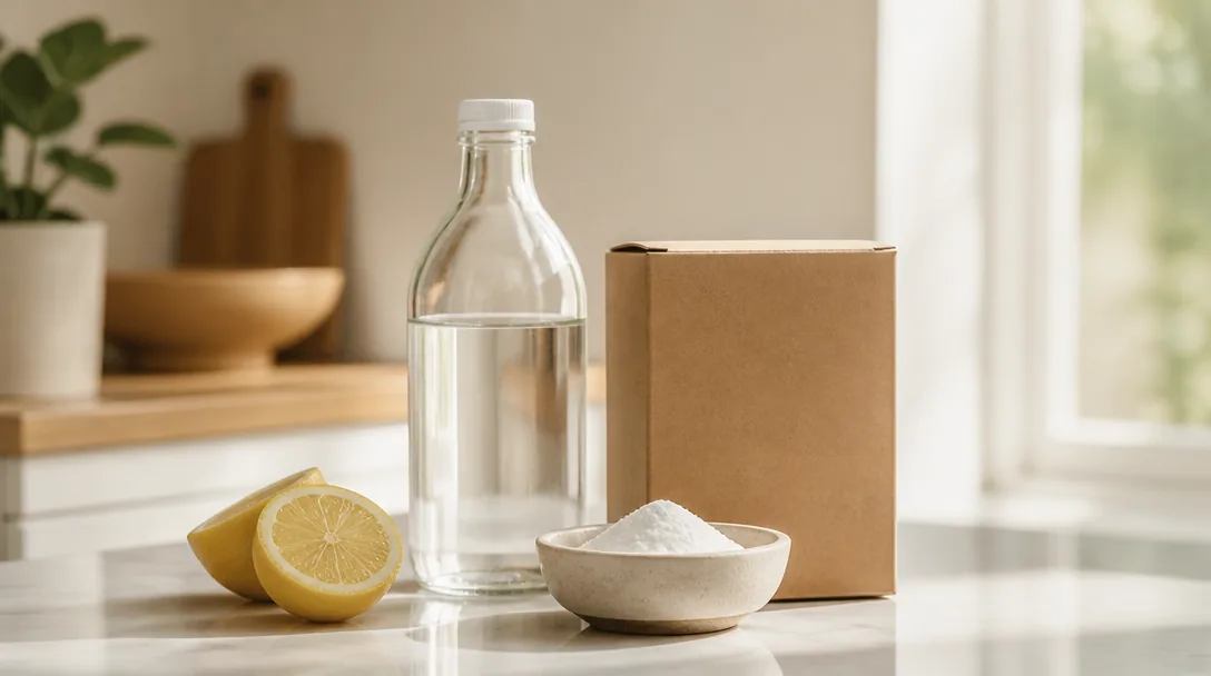 Ättika och bikarbonat på köksbänk med citroner – naturliga rengöringsmedel i naturligt dagsljus