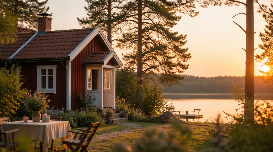 Stuga vid sjö i svensk skogslandskap