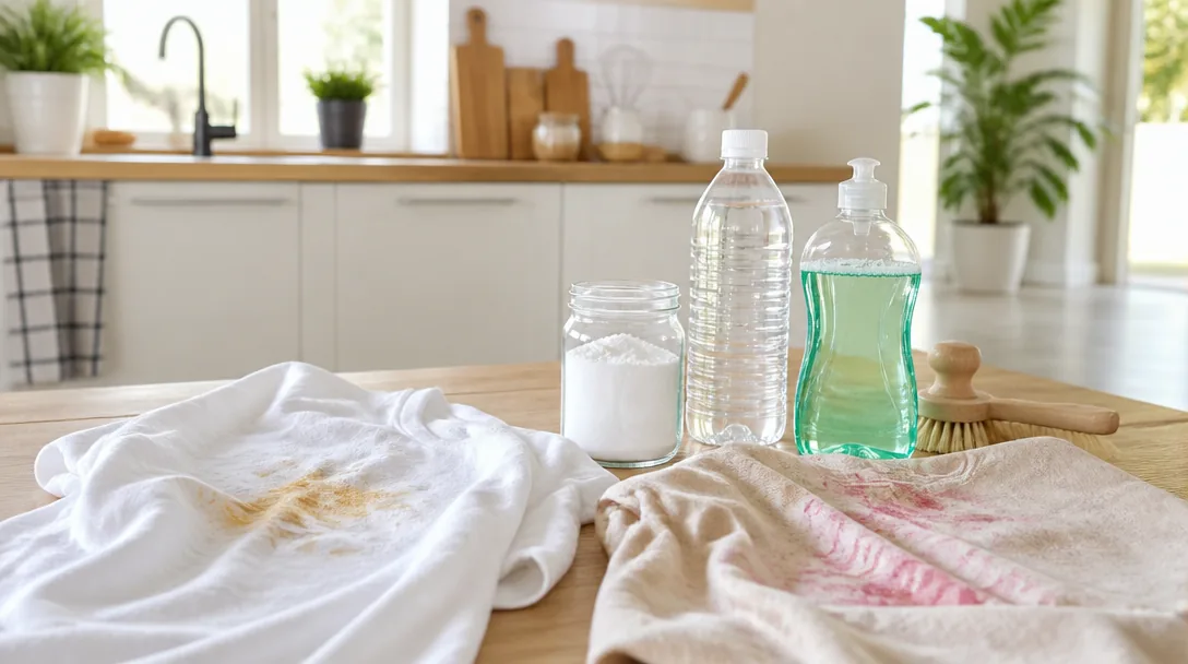 Kläder med gamla fläckar som behandlas med bakpulver och ättika på ett träbord