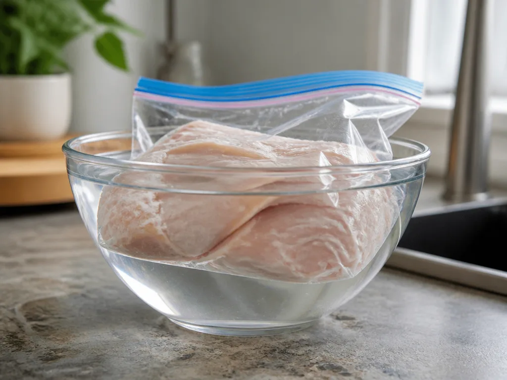 Fryst kyckling i en förseglad plastpåse nedsänkt i en skål med kallt vatten