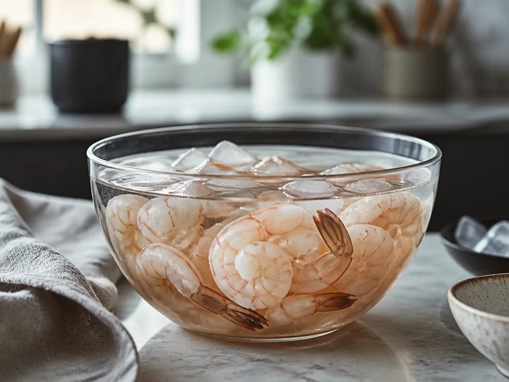 Rosa räkor som tinar i en glasskål med kallt vatten på en köksbänk