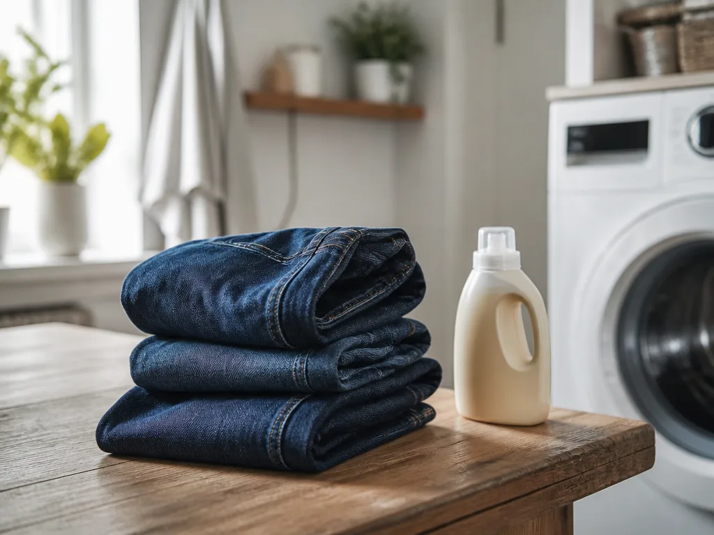 Mörkblå jeans vikta på ett träbord bredvid tvättmedel och tvättmaskin i bakgrunden i ett skandinaviskt hem