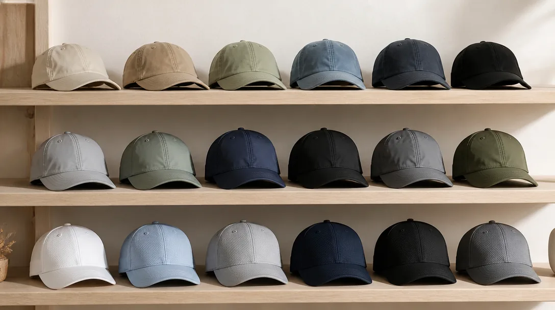 Kepsar sorterade efter material – bomull, nylon och polyester tål maskintvättning