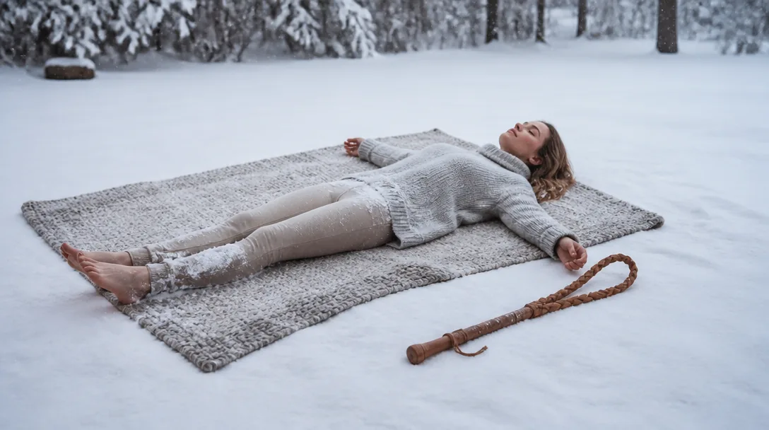 Matta liggande utomhus i vit ren snö, mattpiska bredvid, vintergård i Sverige