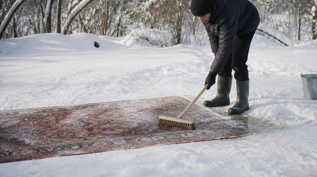 Matta som snötvättes utomhus i vinterljus, ren snö och borste på en färgglad textilmatta