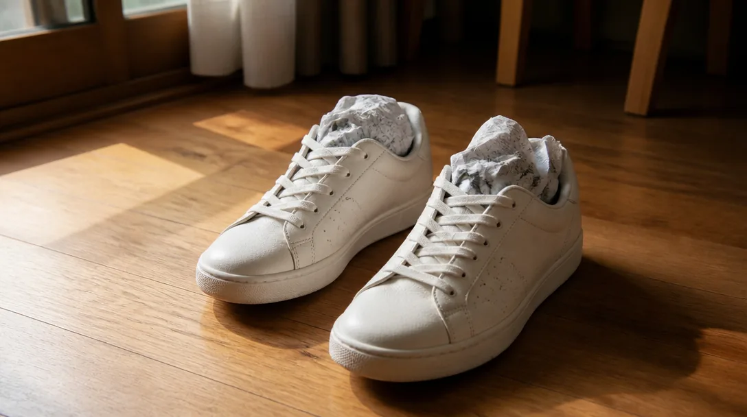 Rena sneakers stoppade med tidningspapper på trägovet för lufttorkning i naturligt ljus
